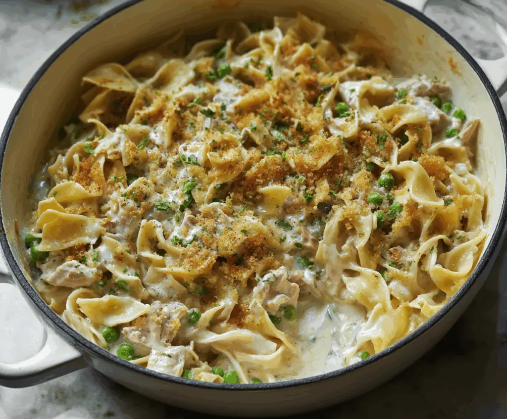 Delicious creamy tuna noodle casserole topped with melted cheese and fresh herbs.