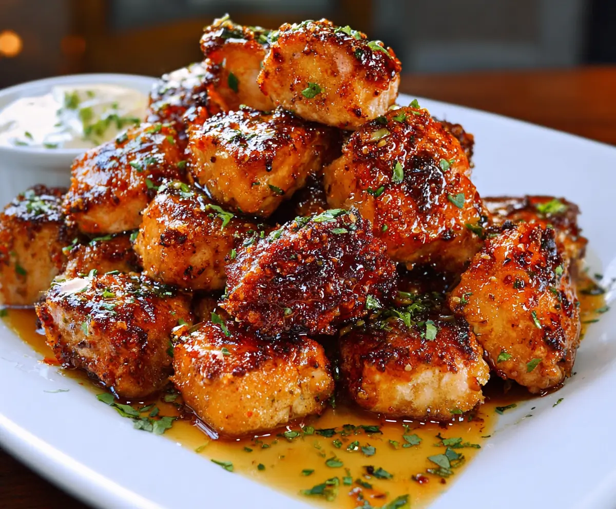 Delicious Crispy Honey Garlic Salmon Bites on a plate with lemon wedges