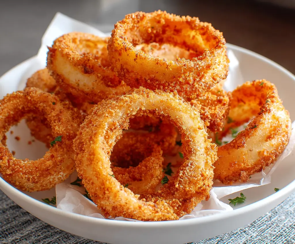 Crispy keto onion rings served as a low-carb appetizer on a white plate with dipping sauce.