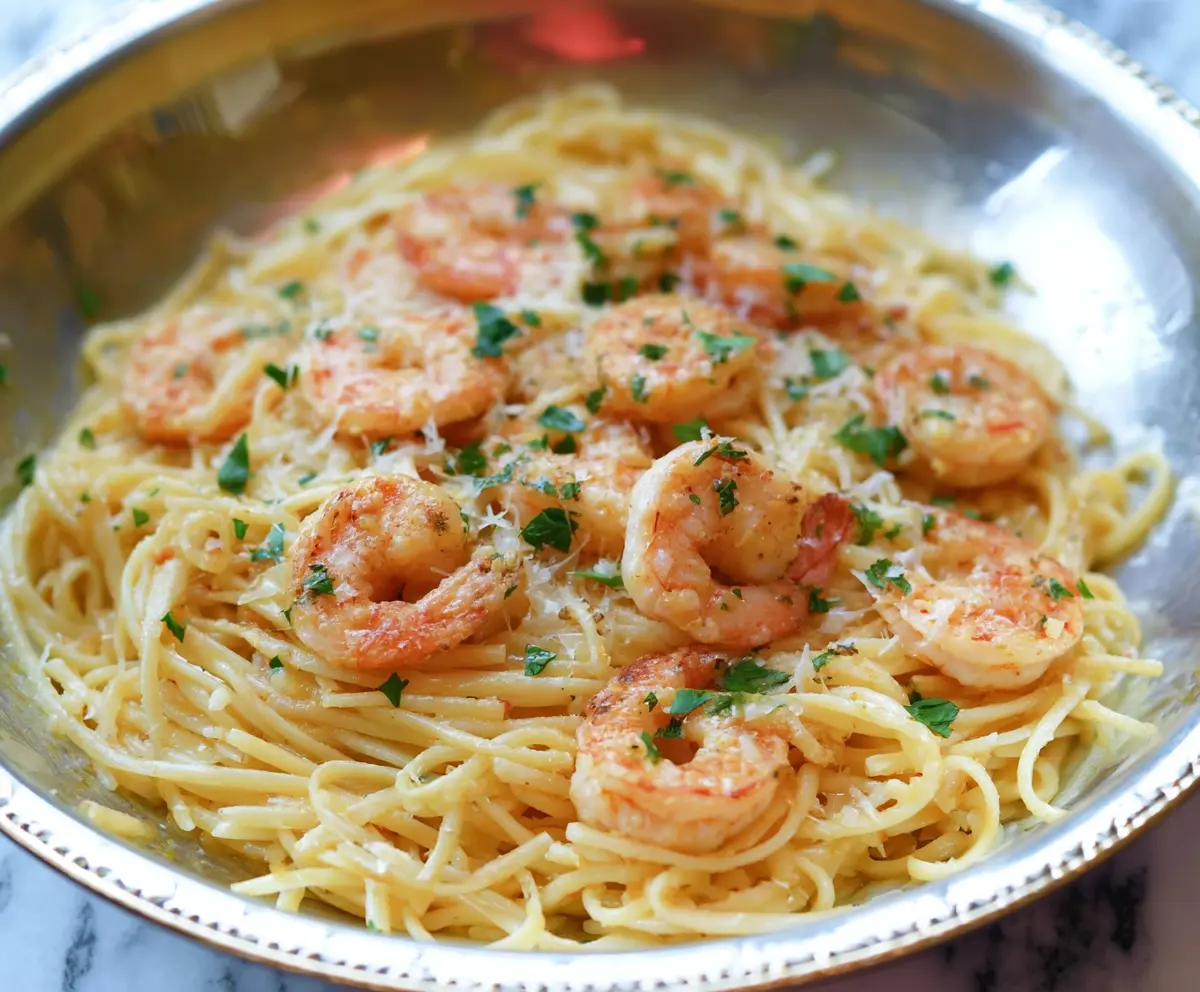 Creamy Bang Bang Shrimp Pasta dish with crispy shrimp and rich sauce on a white plate.