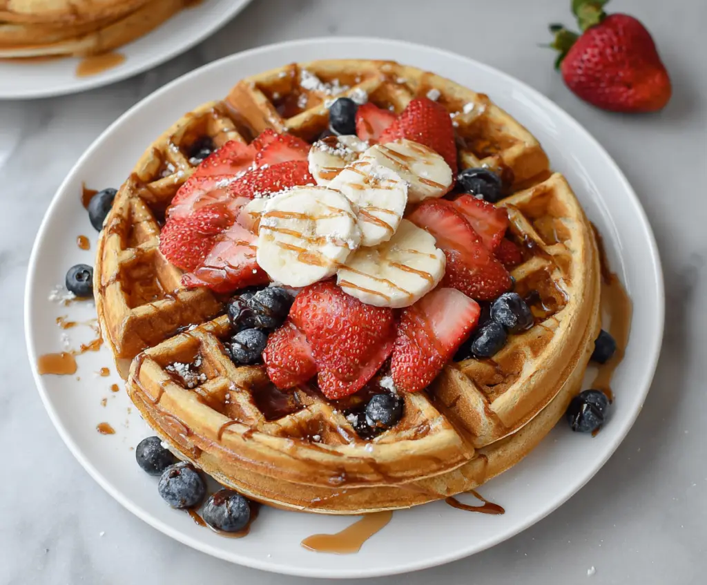 Healthy protein waffles on a plate topped with fresh berries and syrup, high-protein breakfast option.