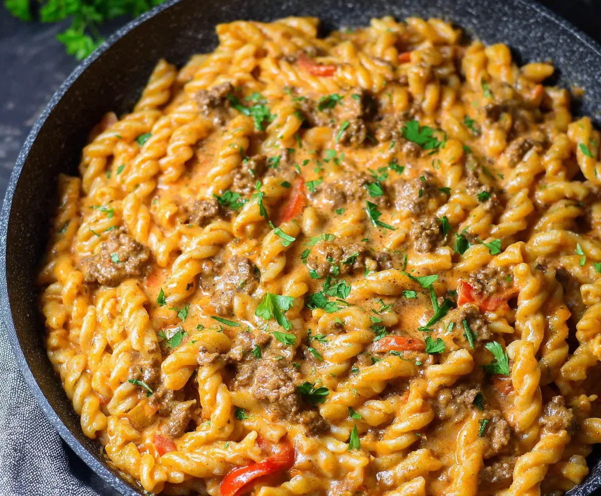 Creamy high-protein beef pasta served on a white plate, garnished with herbs for a delicious, nutritious meal.