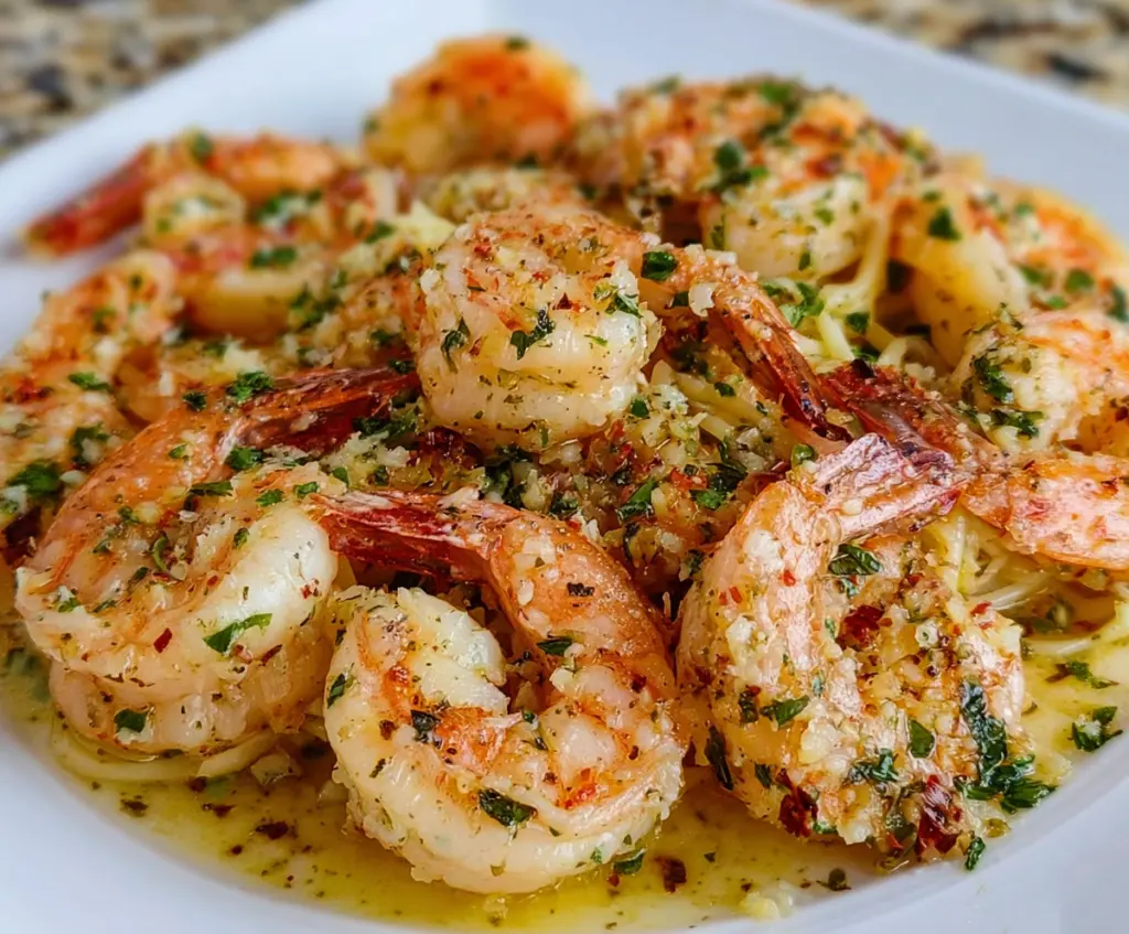 Delicious Easy Red Lobster Shrimp Scampi served on a white plate with lemon wedges and parsley garnishes.