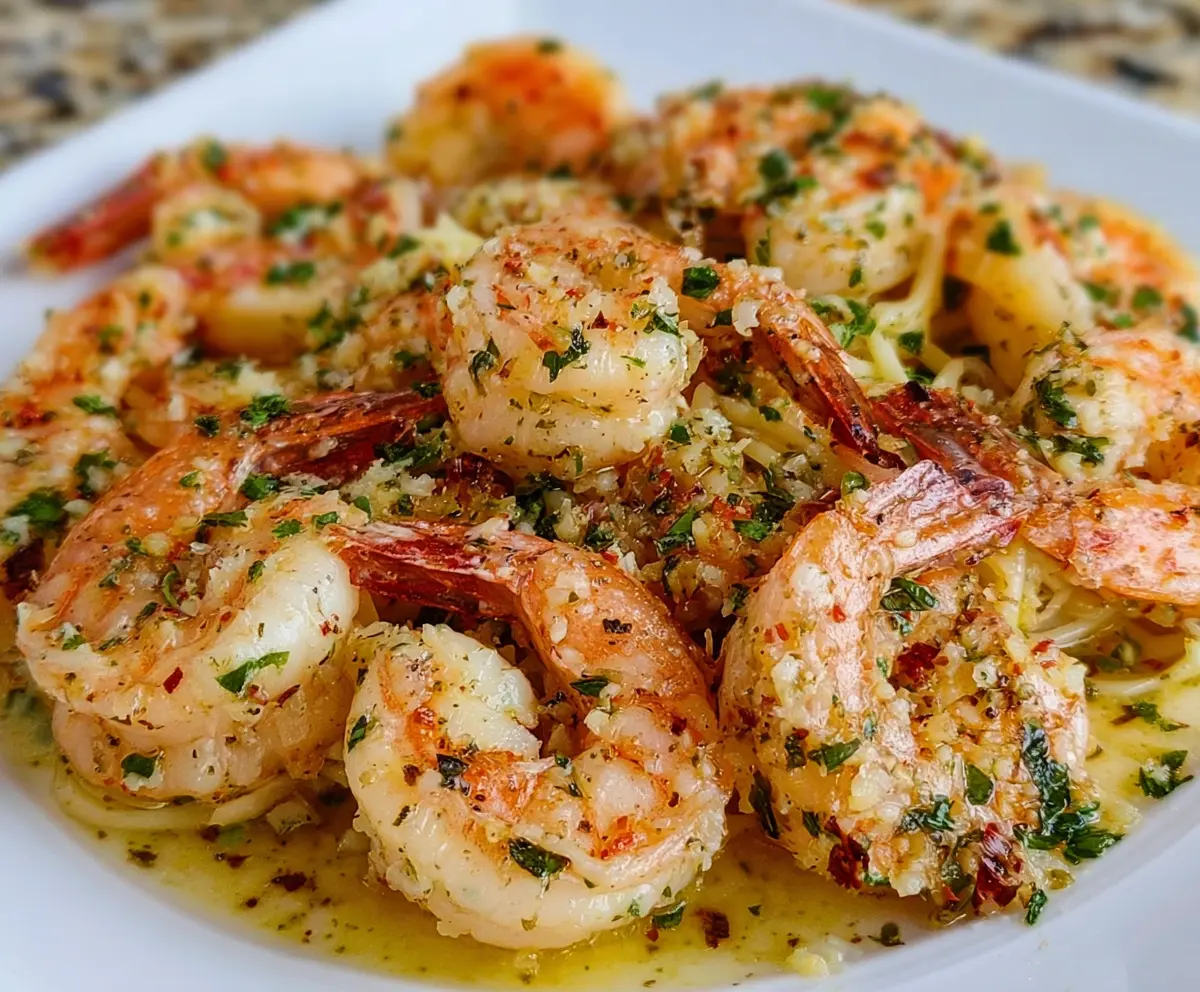 Delicious Easy Red Lobster Shrimp Scampi served on a white plate with lemon wedges and parsley garnishes.