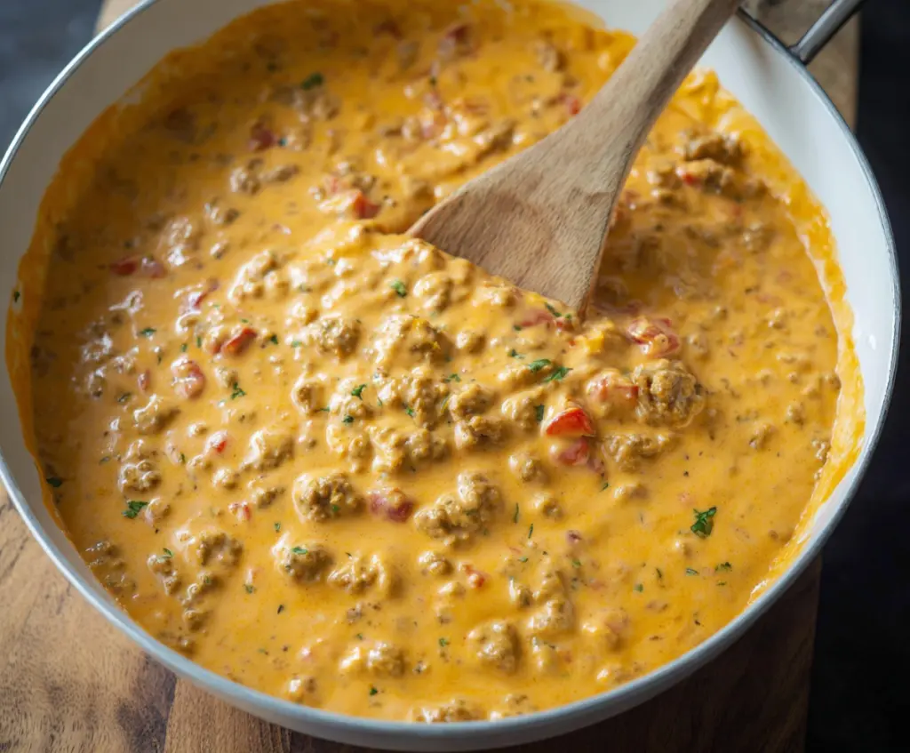 Delicious and easy Rotel dip with sausage served in a bowl, perfect for parties and gatherings.
