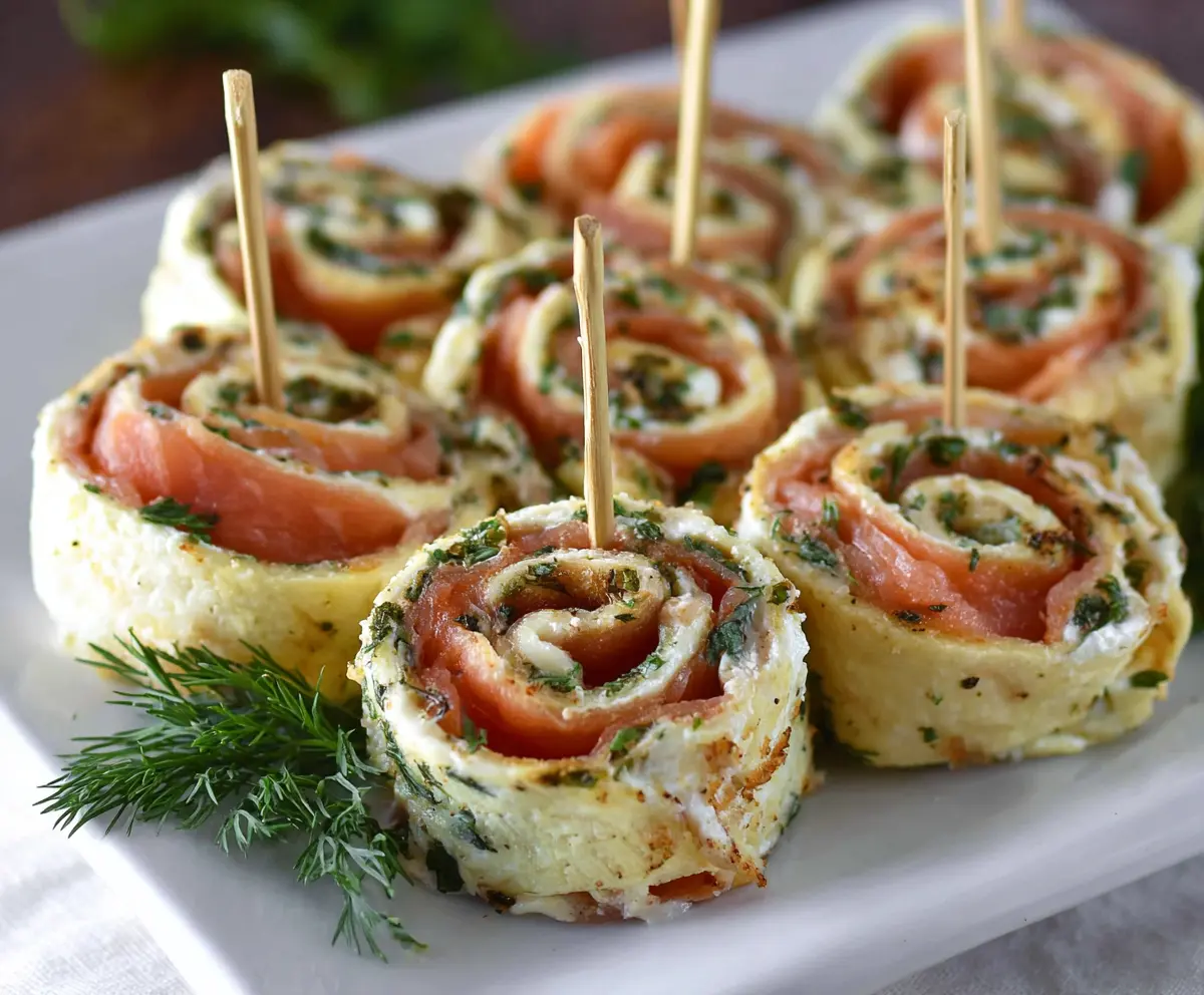 Delicious smoked salmon pinwheels served as easy party appetizers on a platter.