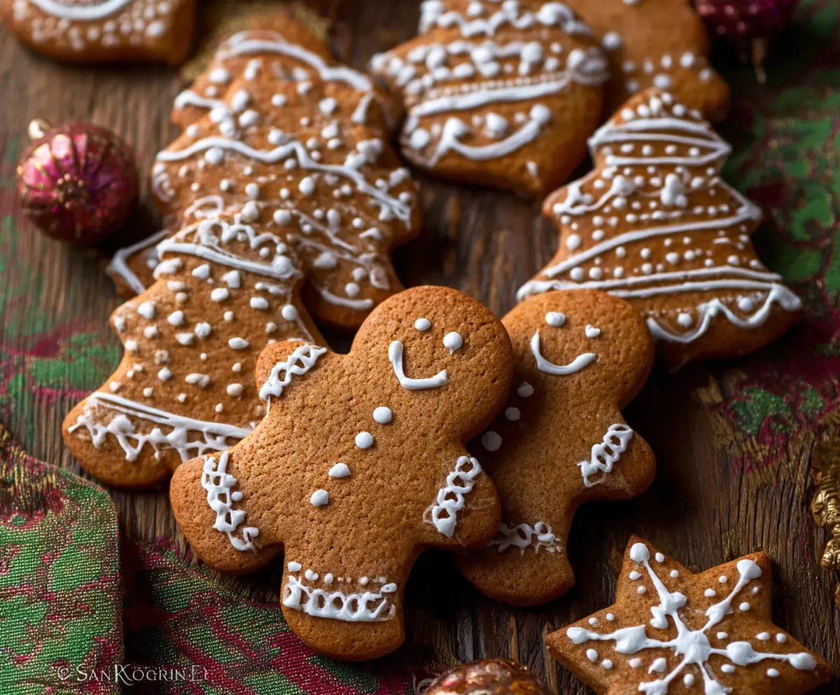Golden-brown gingerbread cookies shaped into festive figures for Christmas celebrations.