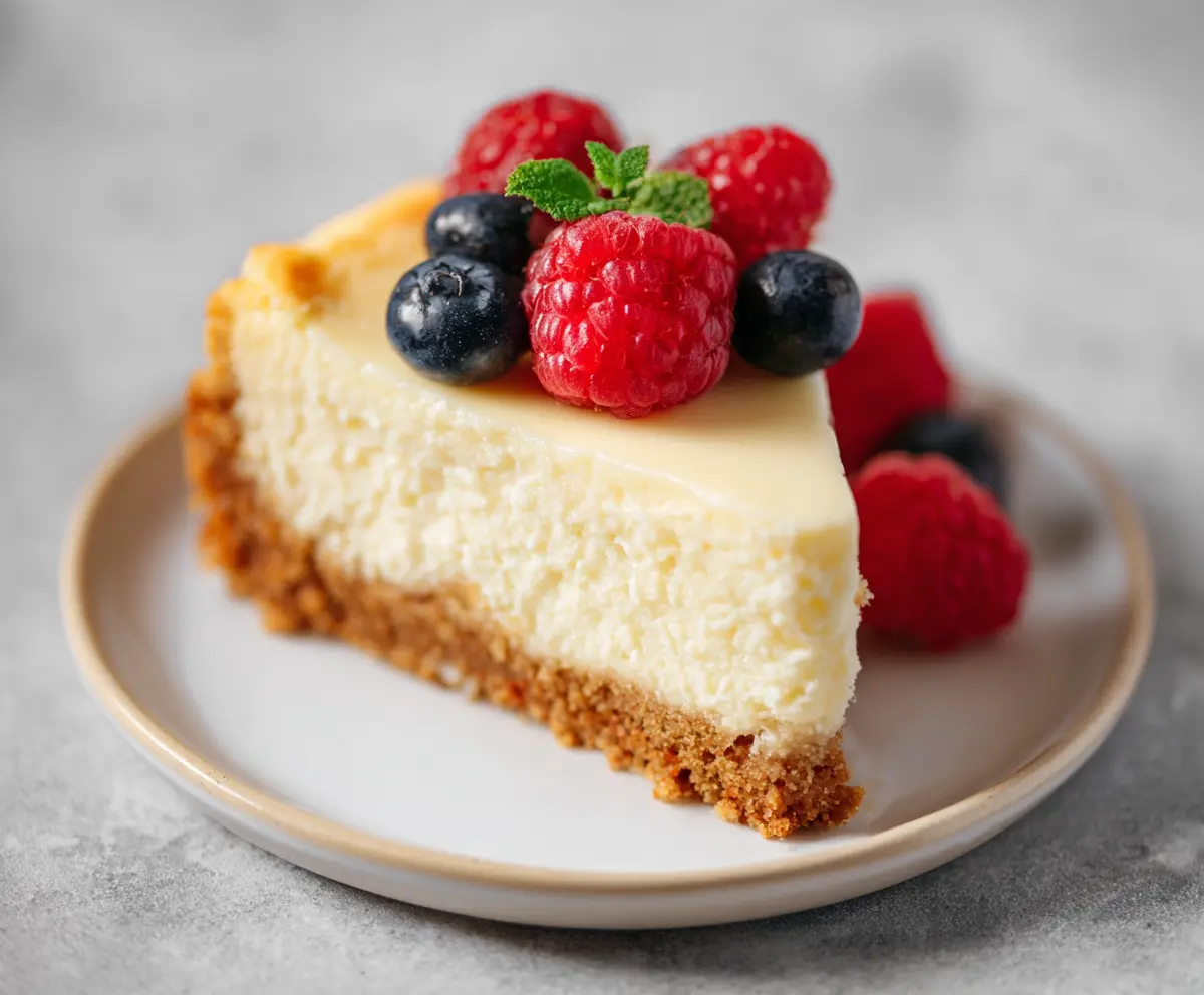 Delicious healthy cheesecake with a light, creamy texture and fresh fruit topping, only 100 calories per slice.