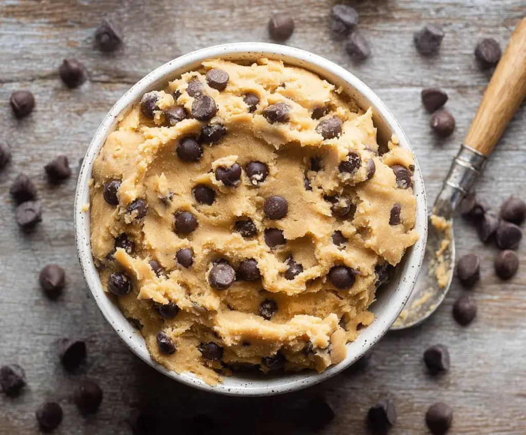 Healthy cookie dough served in a bowl, featuring natural ingredients like oats and honey for a guilt-free treat.