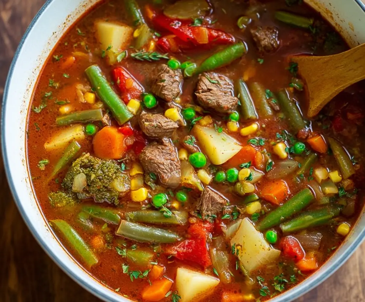 Warm and comforting Hearty Veggie Beef Soup in a bowl with fresh vegetables and tender beef pieces.