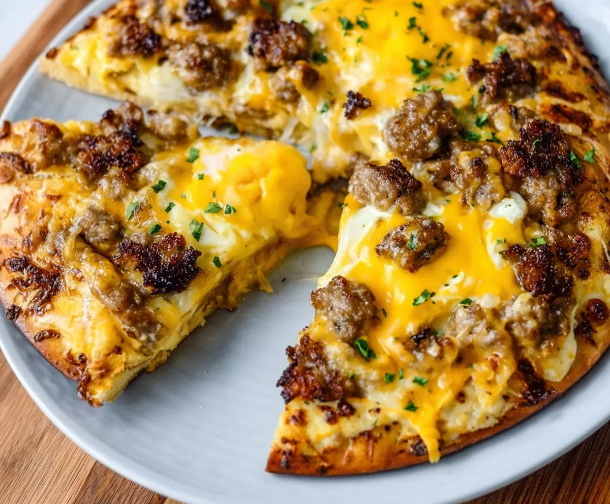 Delicious high-protein sausage and egg breakfast pizza on a cutting board