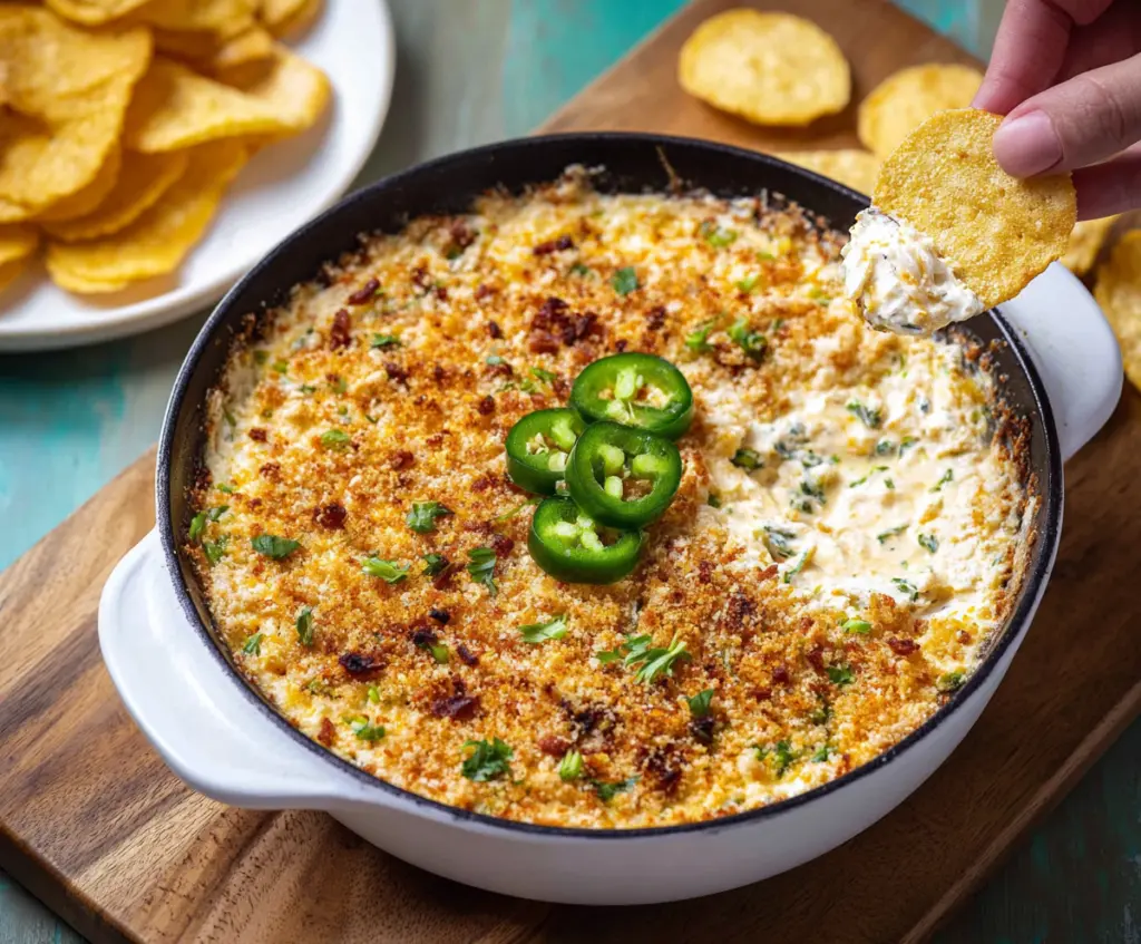 Creamy jalapeño popper dip topped with melted cheese and crispy bacon slices.