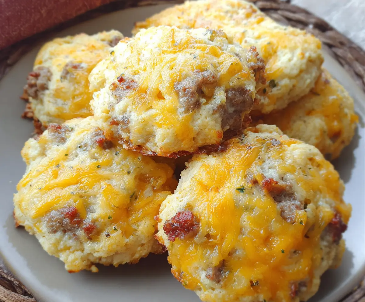 Keto sausage and cheese biscuits on a breakfast plate, low-carb breakfast recipe