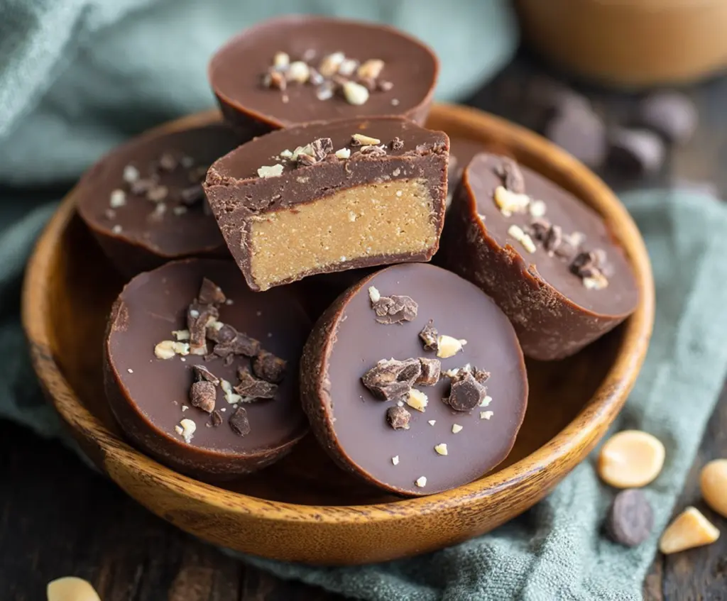 Delicious keto peanut butter chocolate fat bombs on a plate, perfect low-carb treat for keto diet enthusiasts.