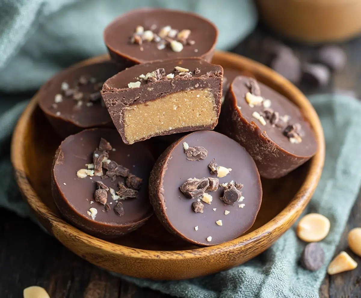 Delicious keto peanut butter chocolate fat bombs on a plate, perfect low-carb treat for keto diet enthusiasts.