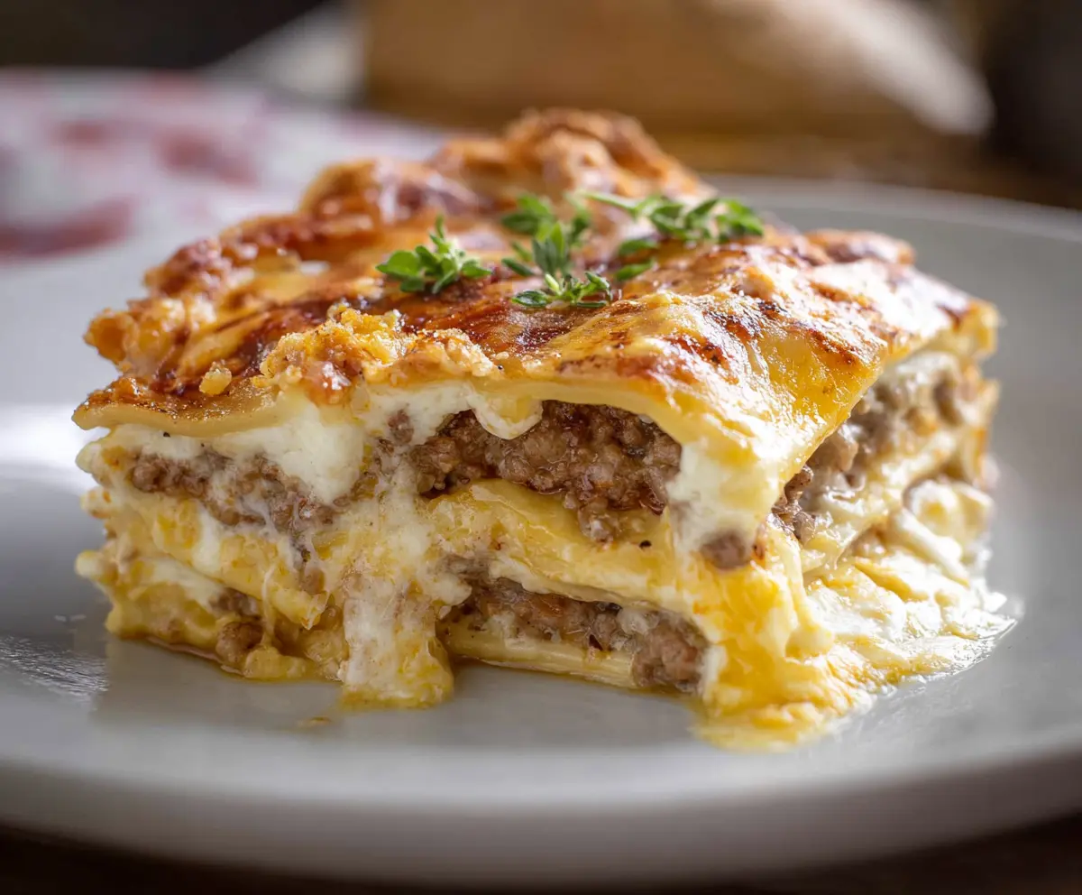 Delicious homemade lasagna with ricotta cheese layered with pasta and tomato sauce