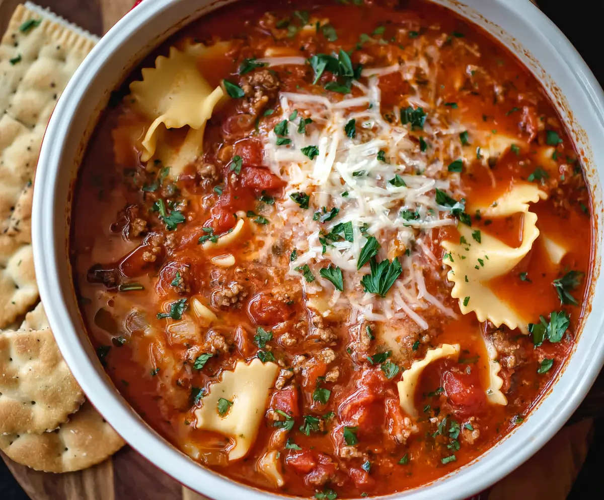 Delicious homemade lasagna soup cooked in a crockpot with layers of cheese, pasta, and flavorful meat sauce.