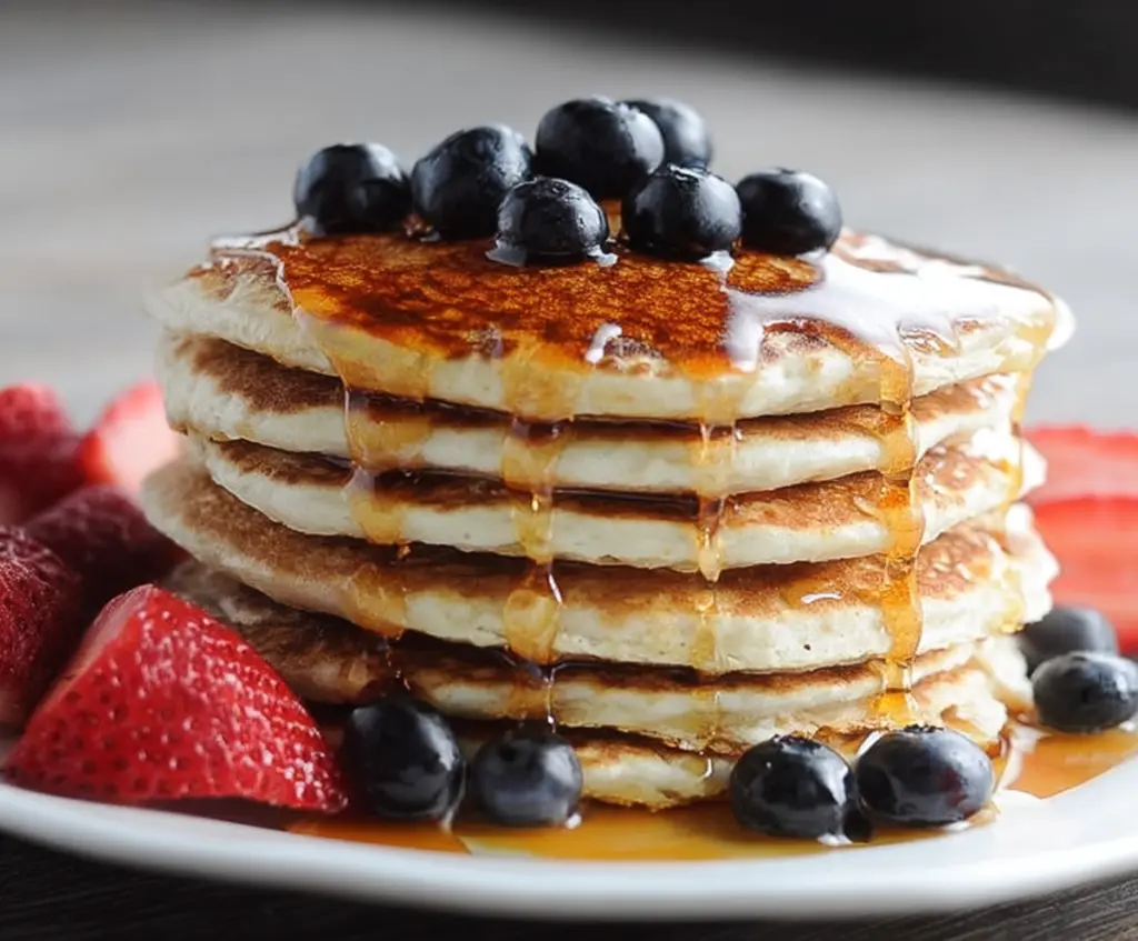 Delicious low calorie skinny pancakes topped with fresh fruit for a healthy breakfast.