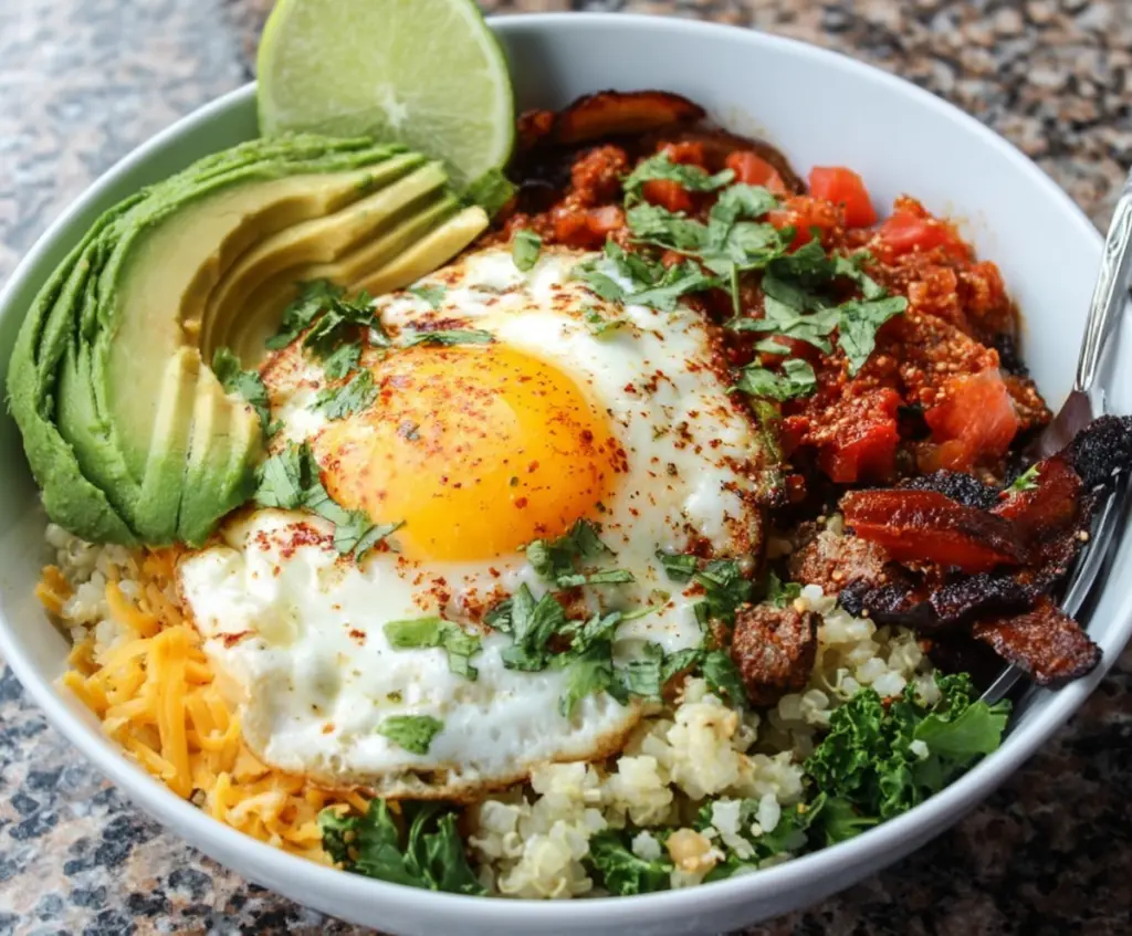Low carb breakfast burrito bowl with scrambled eggs, avocado, and salsa in a bowl for a healthy morning meal.