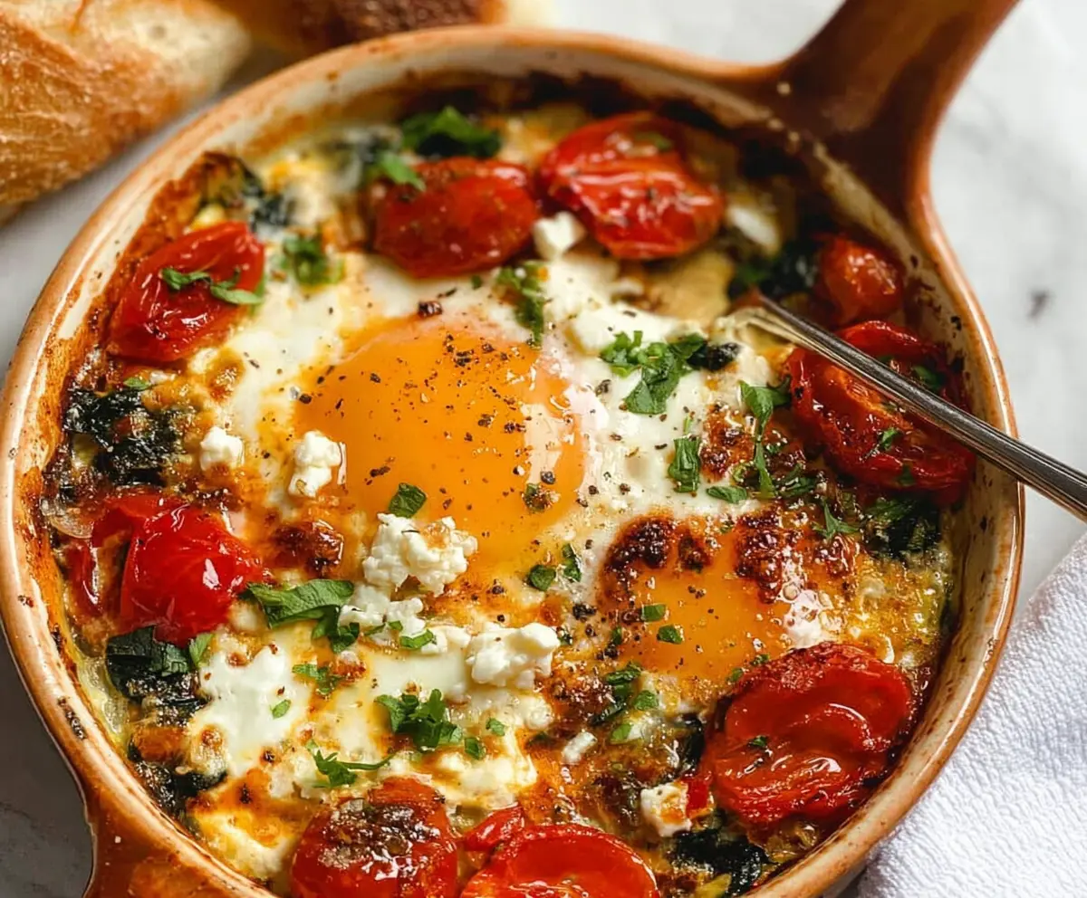 Delicious Mediterranean baked feta eggs served with fresh herbs and cherry tomatoes