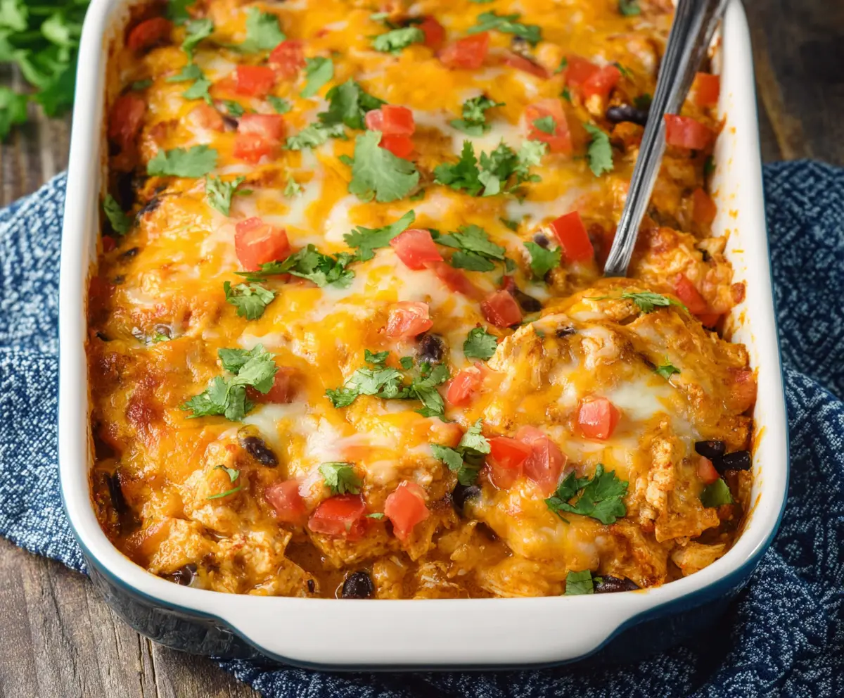 Delicious Mexican Chicken Casserole with melted cheese, peppers, and herbs in a baking dish.