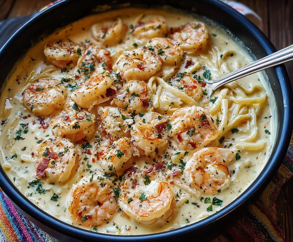 Delicious one pot shrimp and crab Alfredo in a rich creamy sauce served in a white bowl.