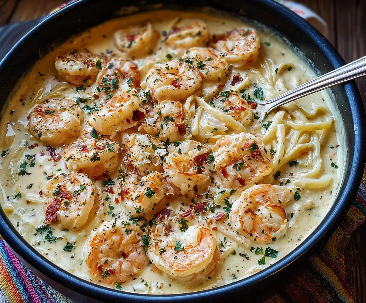 Delicious one pot shrimp and crab Alfredo in a rich creamy sauce served in a white bowl.