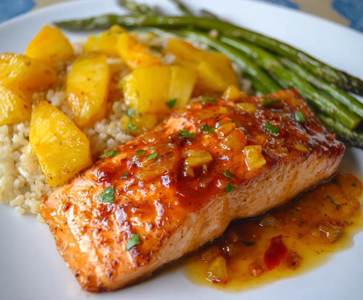 Juicy salmon fillet glazed with sweet pineapple sauce and garnished with fresh pineapple slices.