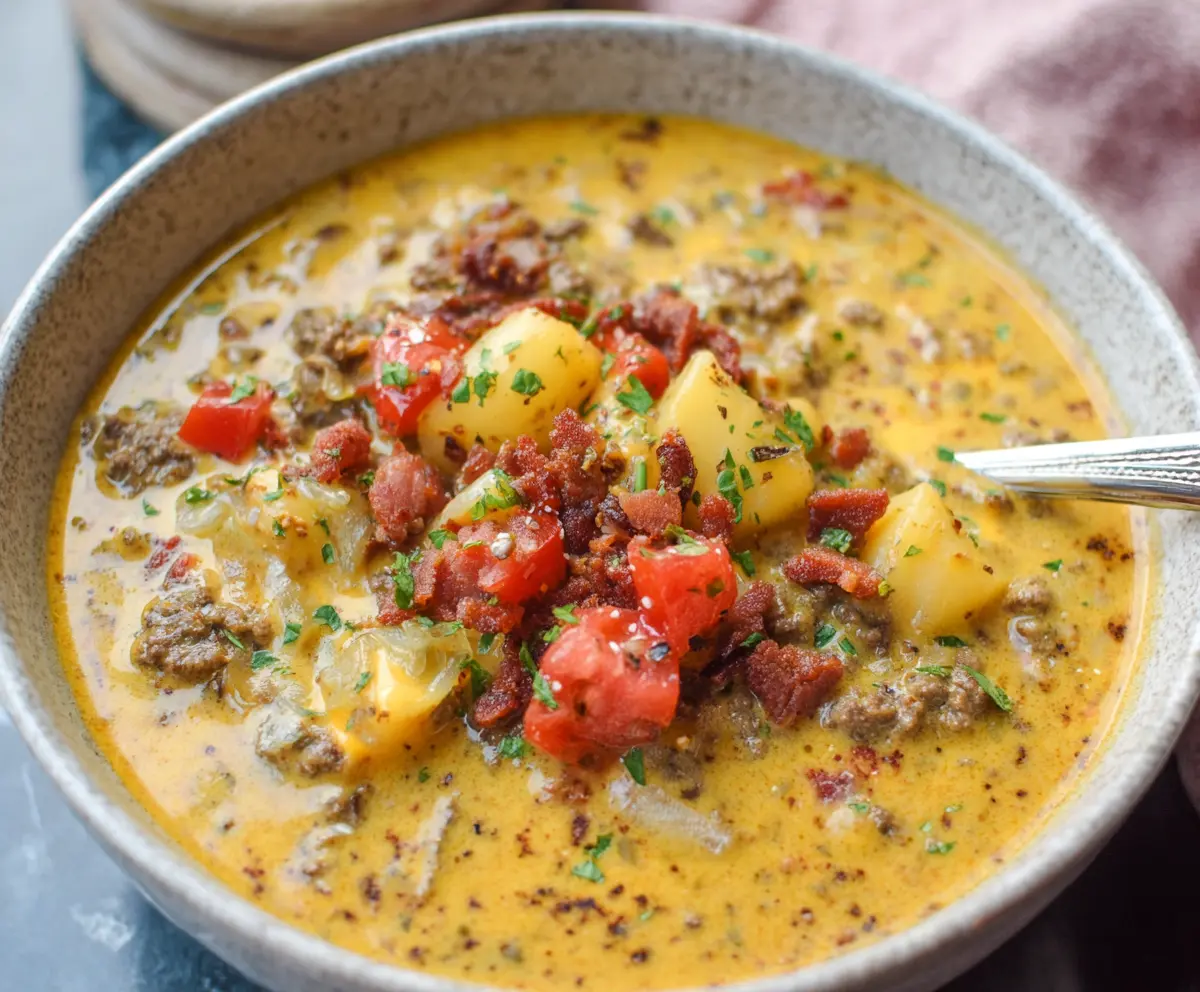 Creamy cheeseburger soup topped with melted cheese and fresh herbs in a bowl.