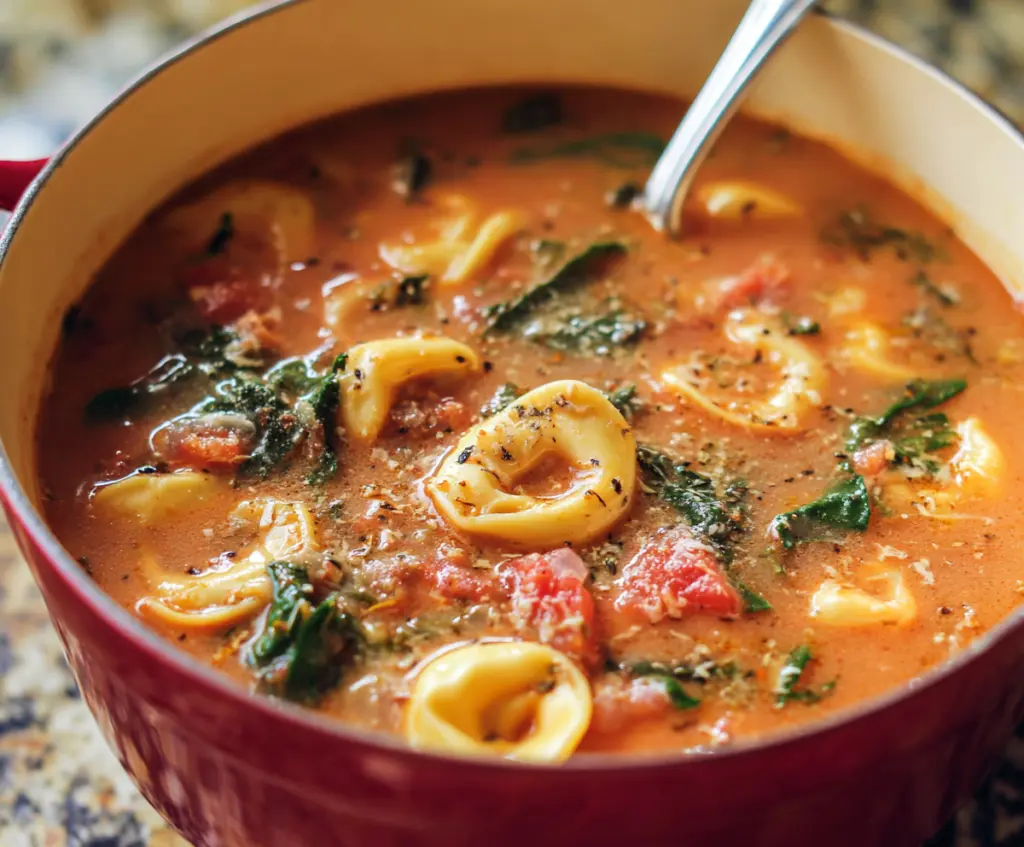 Warm and creamy Silky Tortellini Soup served in a bowl, garnished with fresh herbs and cheese.
