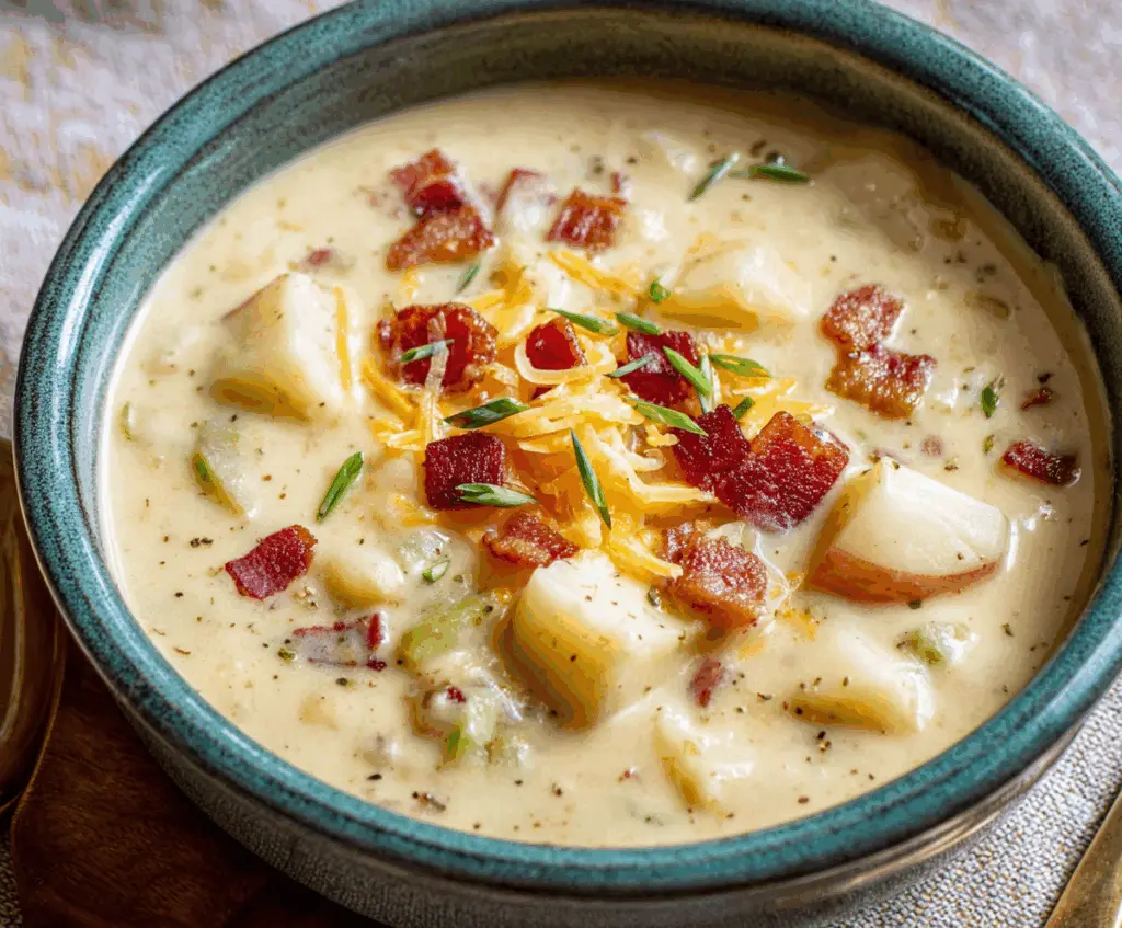 Creamy slow cooker potato soup garnished with chives in a rustic bowl, perfect for a comforting meal.
