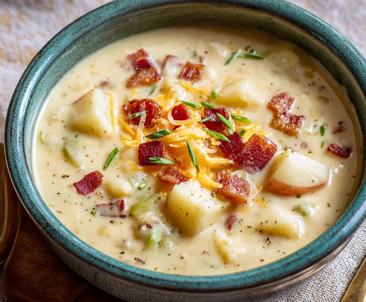 Creamy slow cooker potato soup garnished with chives in a rustic bowl, perfect for a comforting meal.