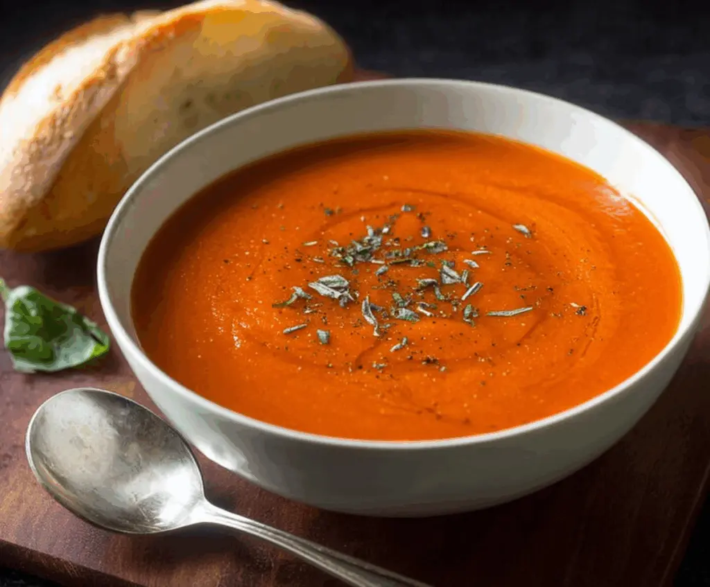 Creamy and delicious homemade tomato soup served in a bowl, perfect for a cozy meal.