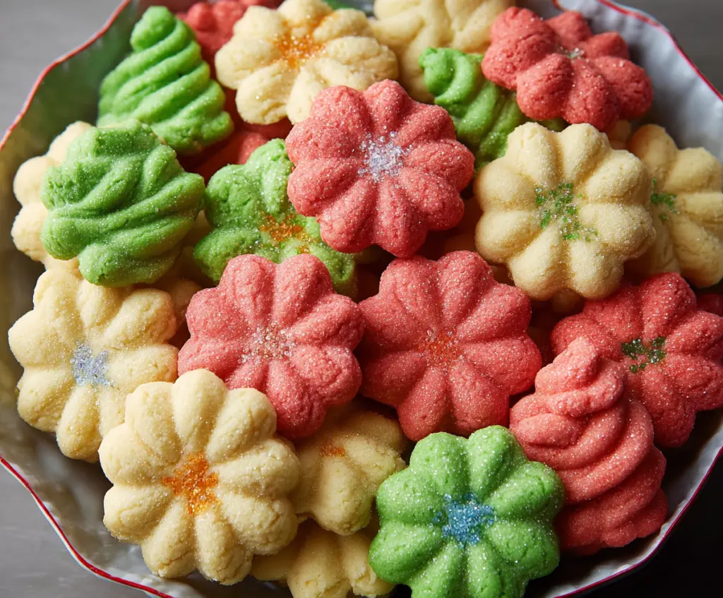Delicious homemade spritz cookies on a baking tray with colorful sprinkles and a glass of milk