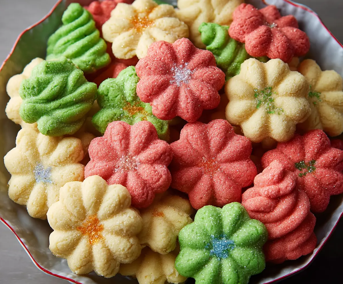 Delicious homemade spritz cookies on a baking tray with colorful sprinkles and a glass of milk