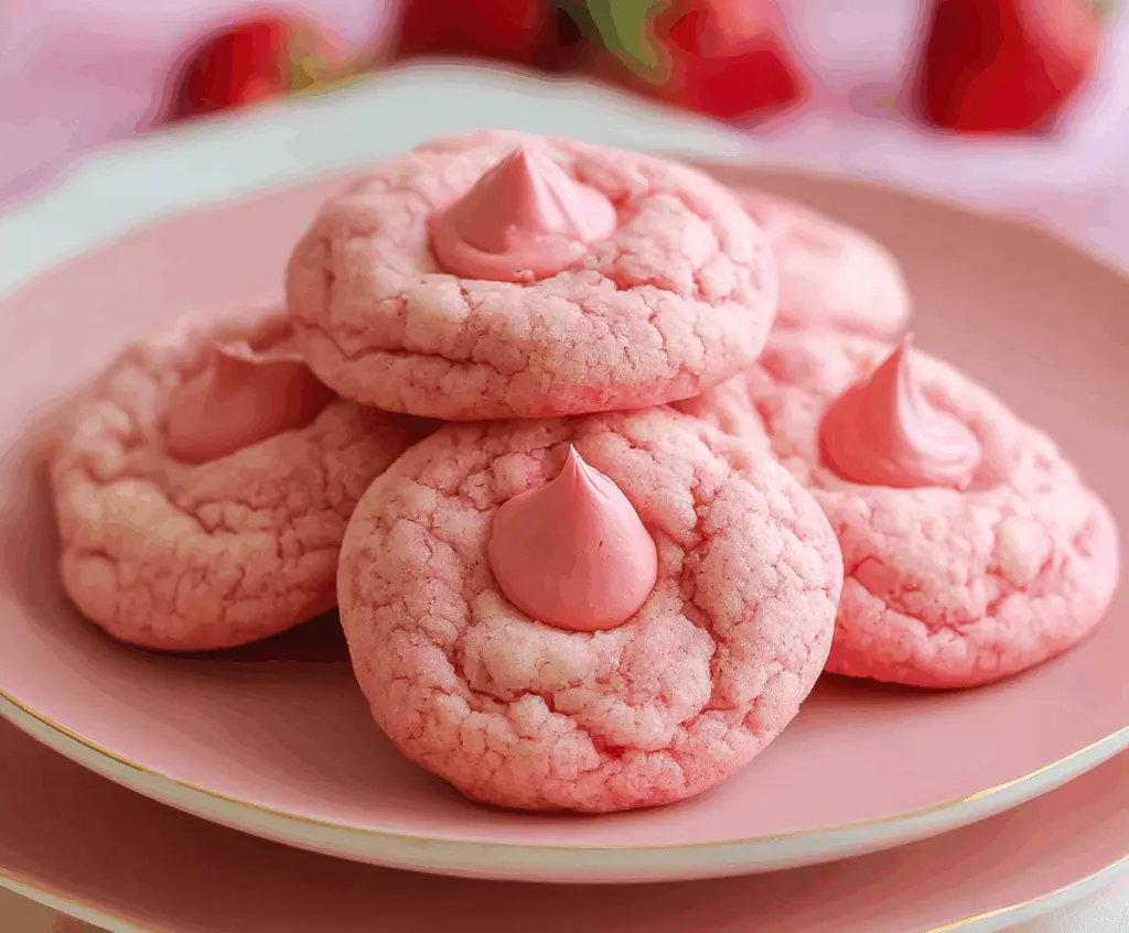 Decorative strawberry kiss cookies for Valentine's Day, featuring pink and red icing with love-themed designs.