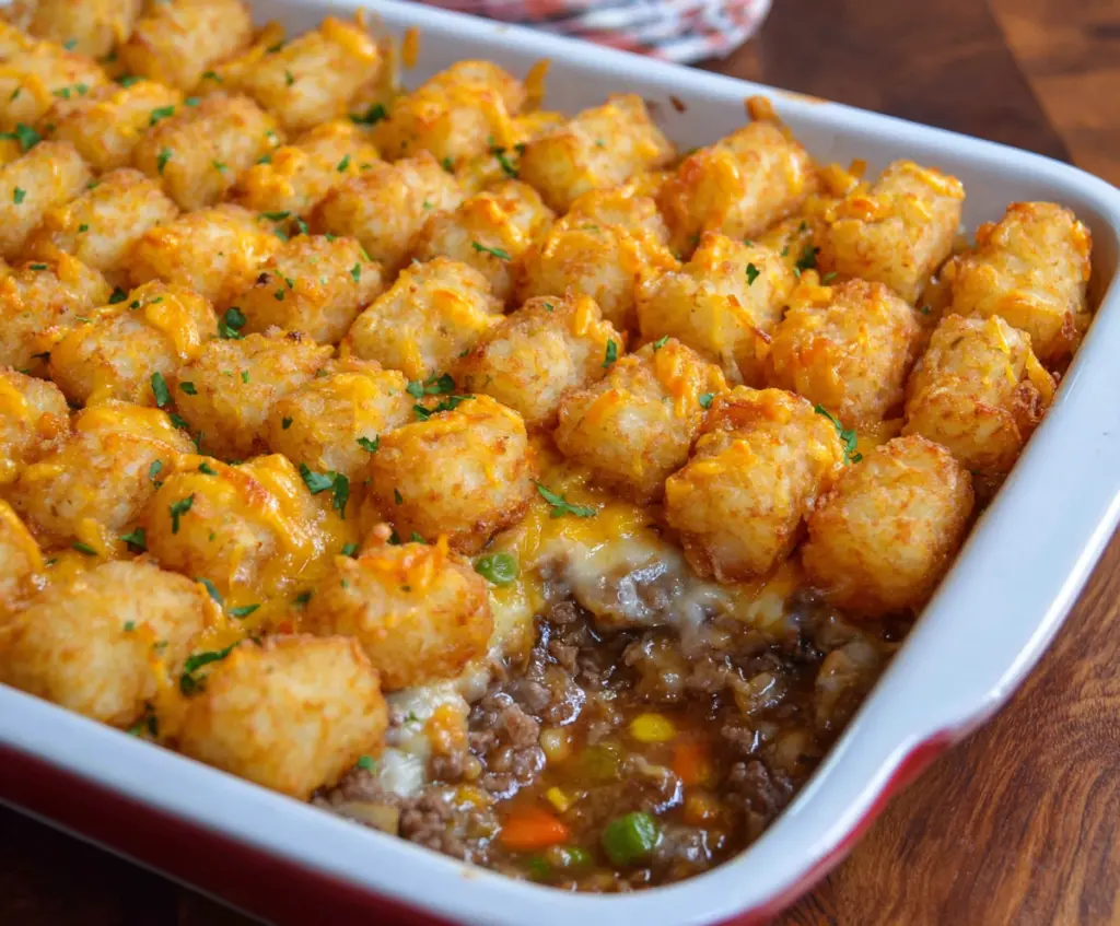 Delicious Tater Tot Casserole Recipe with crispy tots, creamy sauce, and melted cheese served in a baking dish.