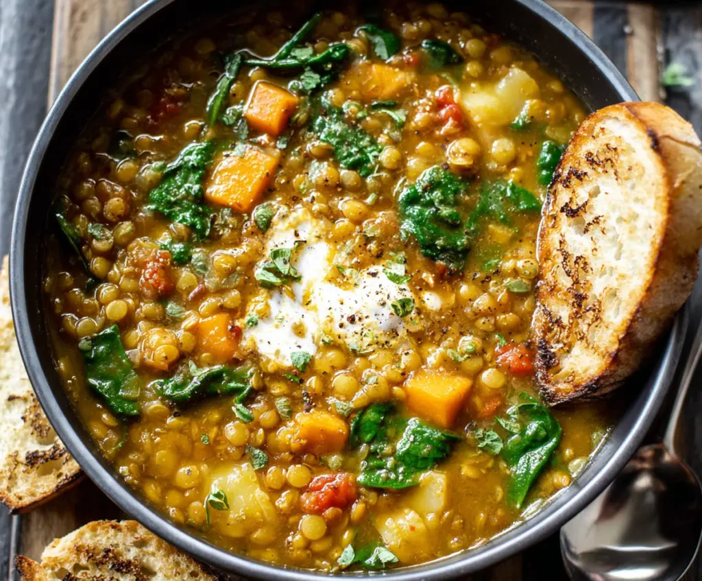 Hearty warm lentil soup served in a bowl with fresh herbs for a nutritious meal.
