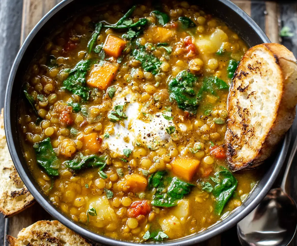 Hearty warm lentil soup served in a bowl with fresh herbs for a nutritious meal.