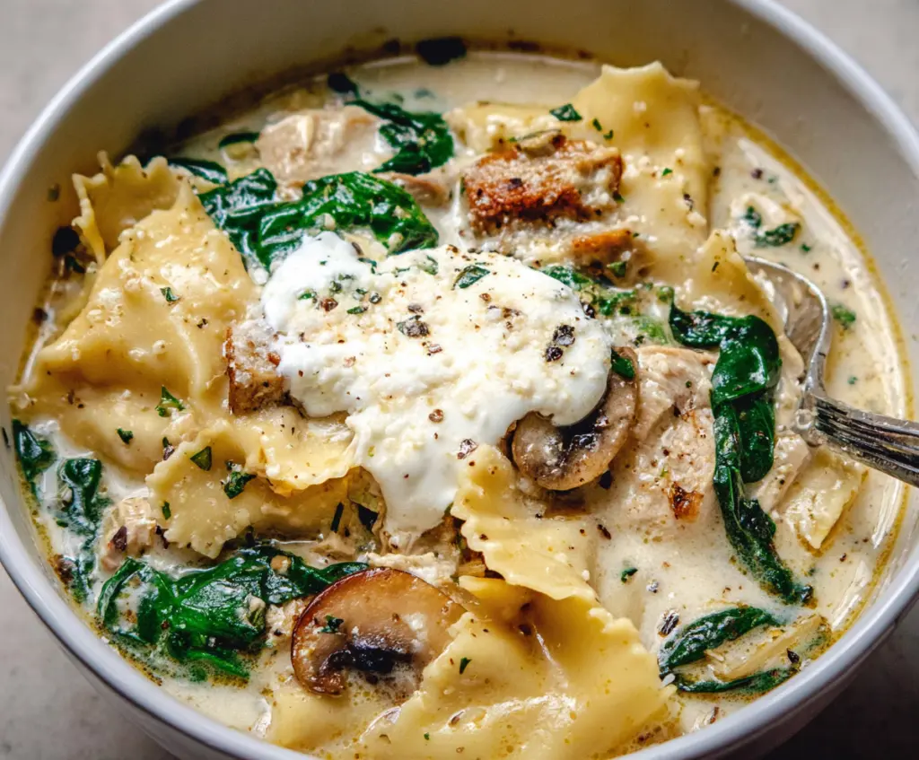 Creamy white lasagna soup with layers of cheese, noodles, and herbs in a bowl.