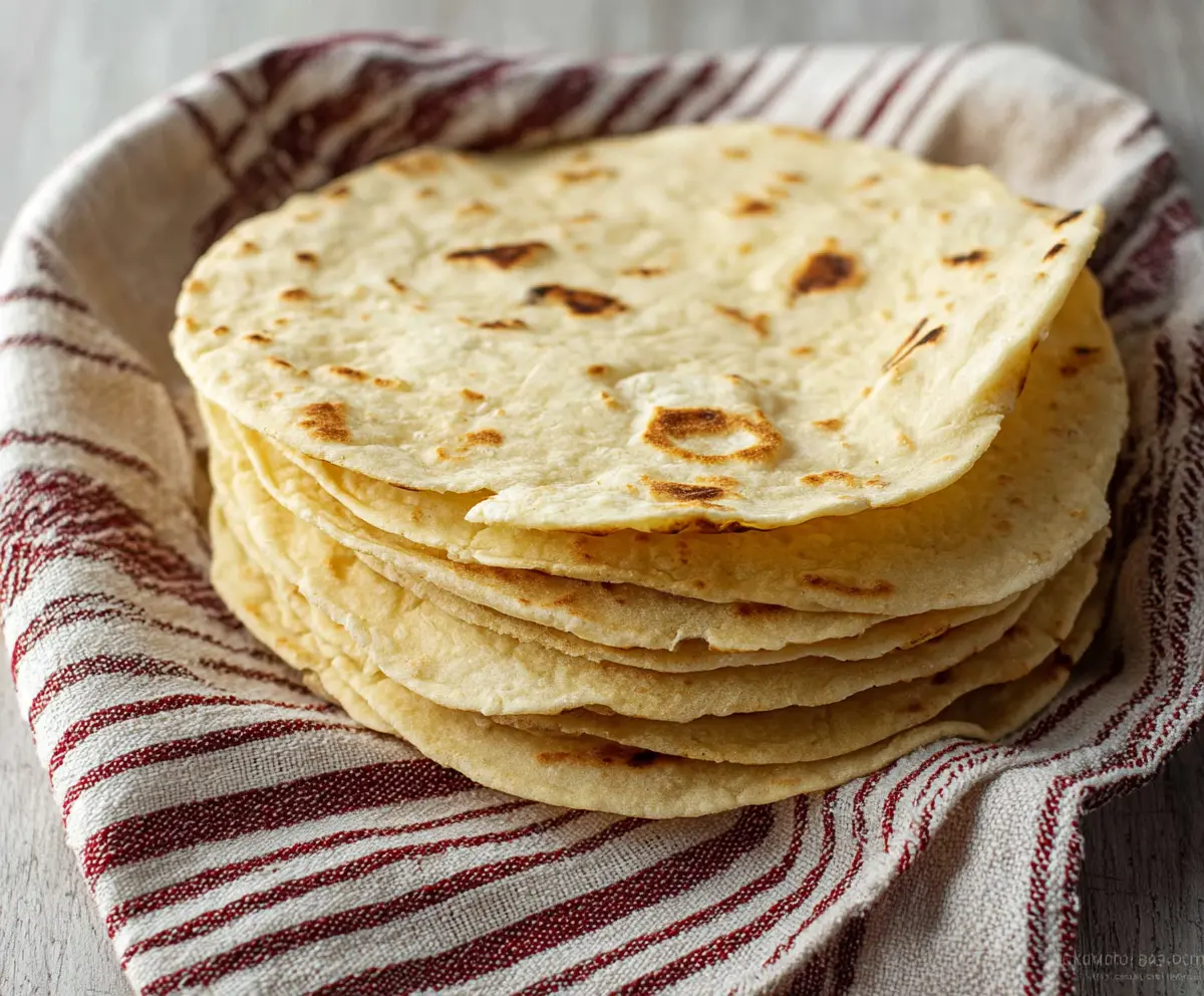 Homemade 4-ingredient sourdough discard tortillas on a wooden surface ready to serve