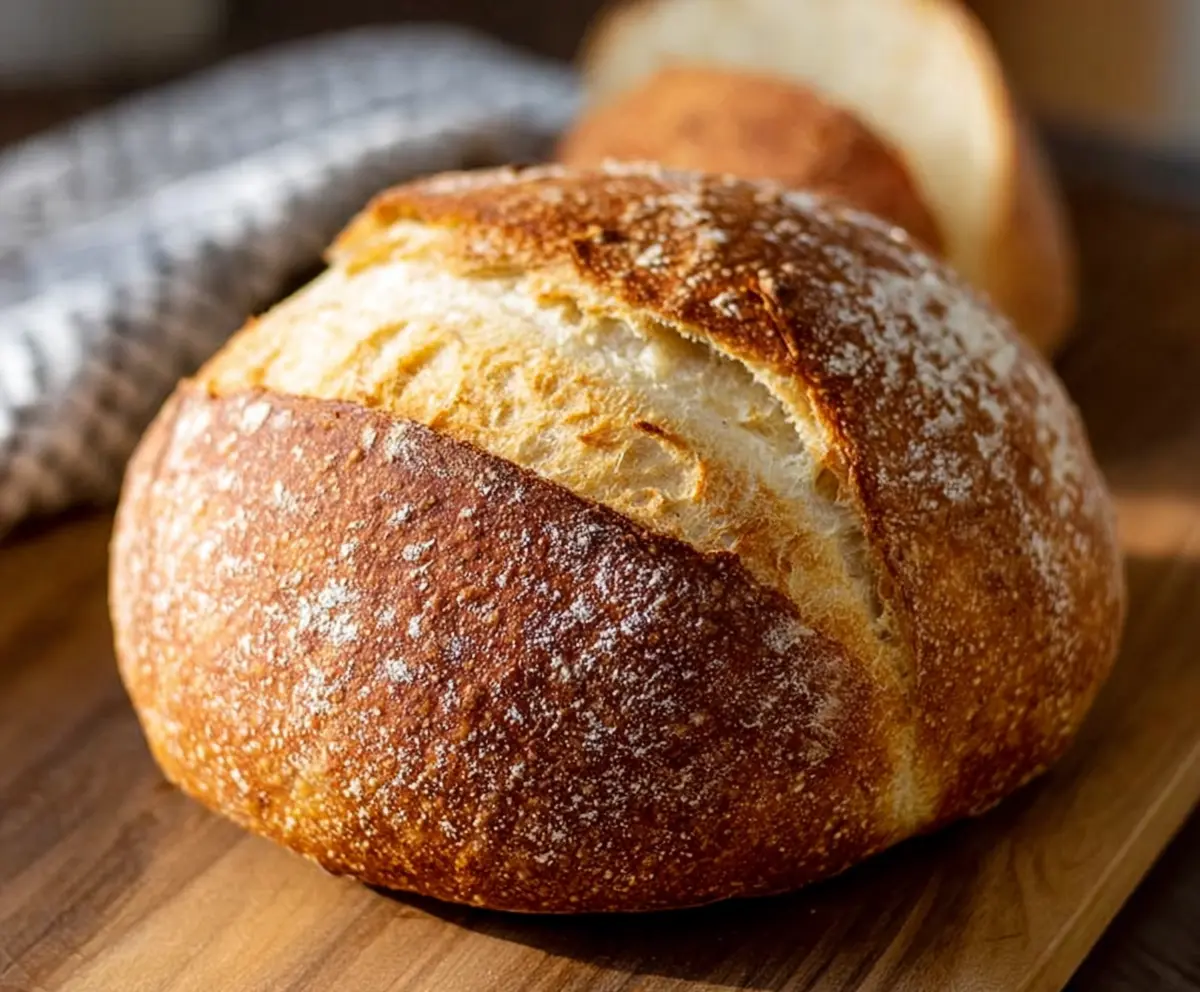 Homemade sourdough bread fresh out of the oven showing golden crust and airy interior.