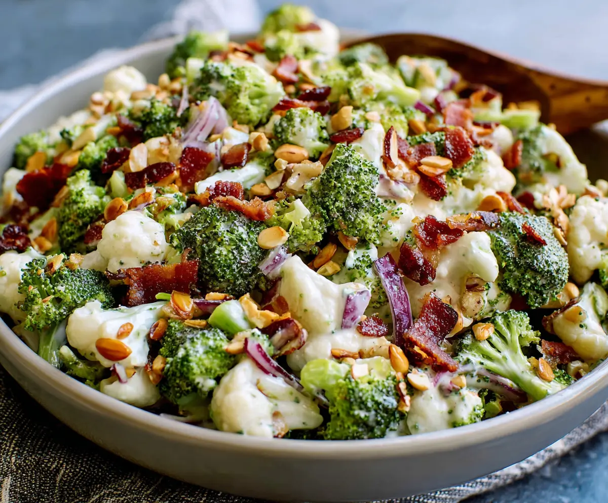 Healthy cauliflower broccoli salad recipe with fresh vegetables and a creamy dressing.