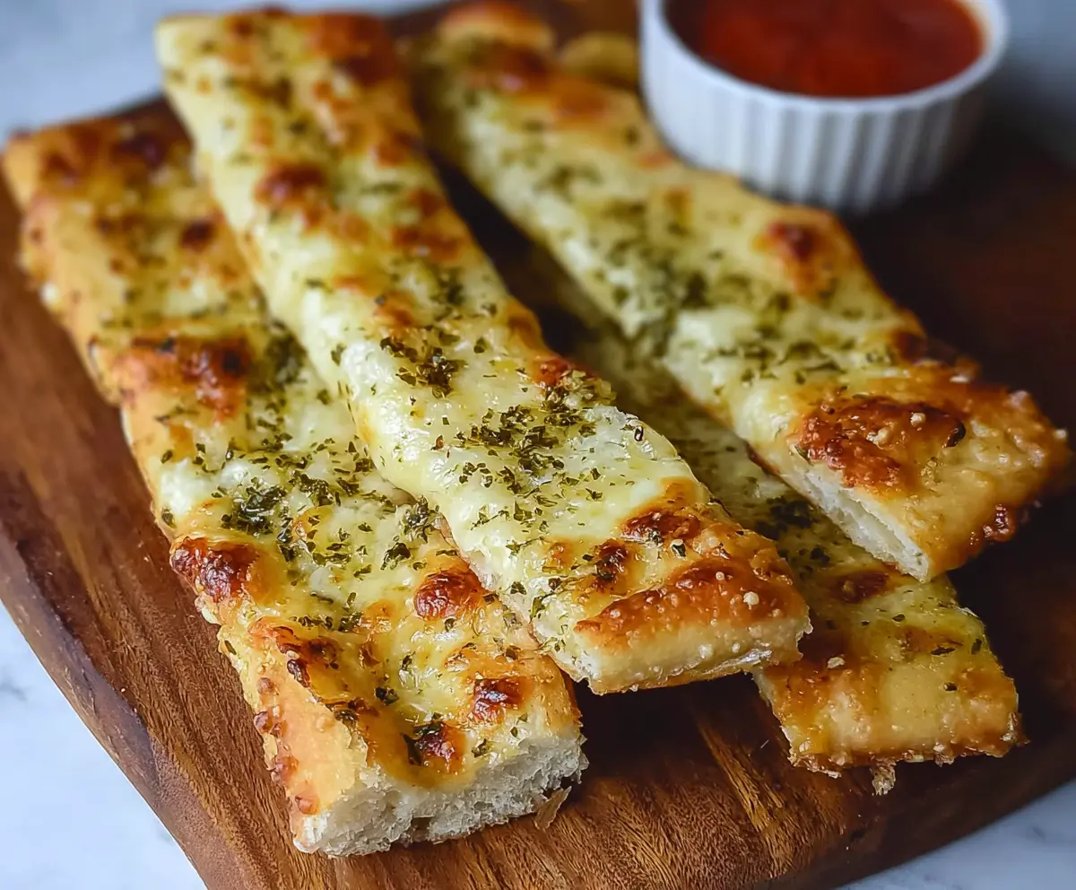 Golden crispy sourdough cheesy breadsticks garnished with herbs, perfect for snacking or parties.