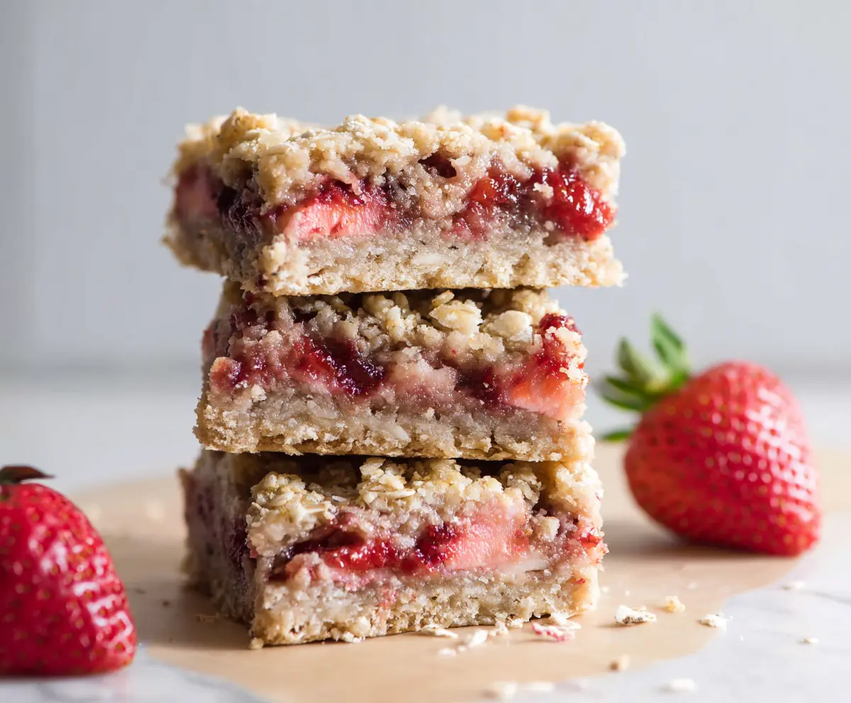 Vegan and gluten-free healthy strawberry oatmeal bars on a rustic wooden table.