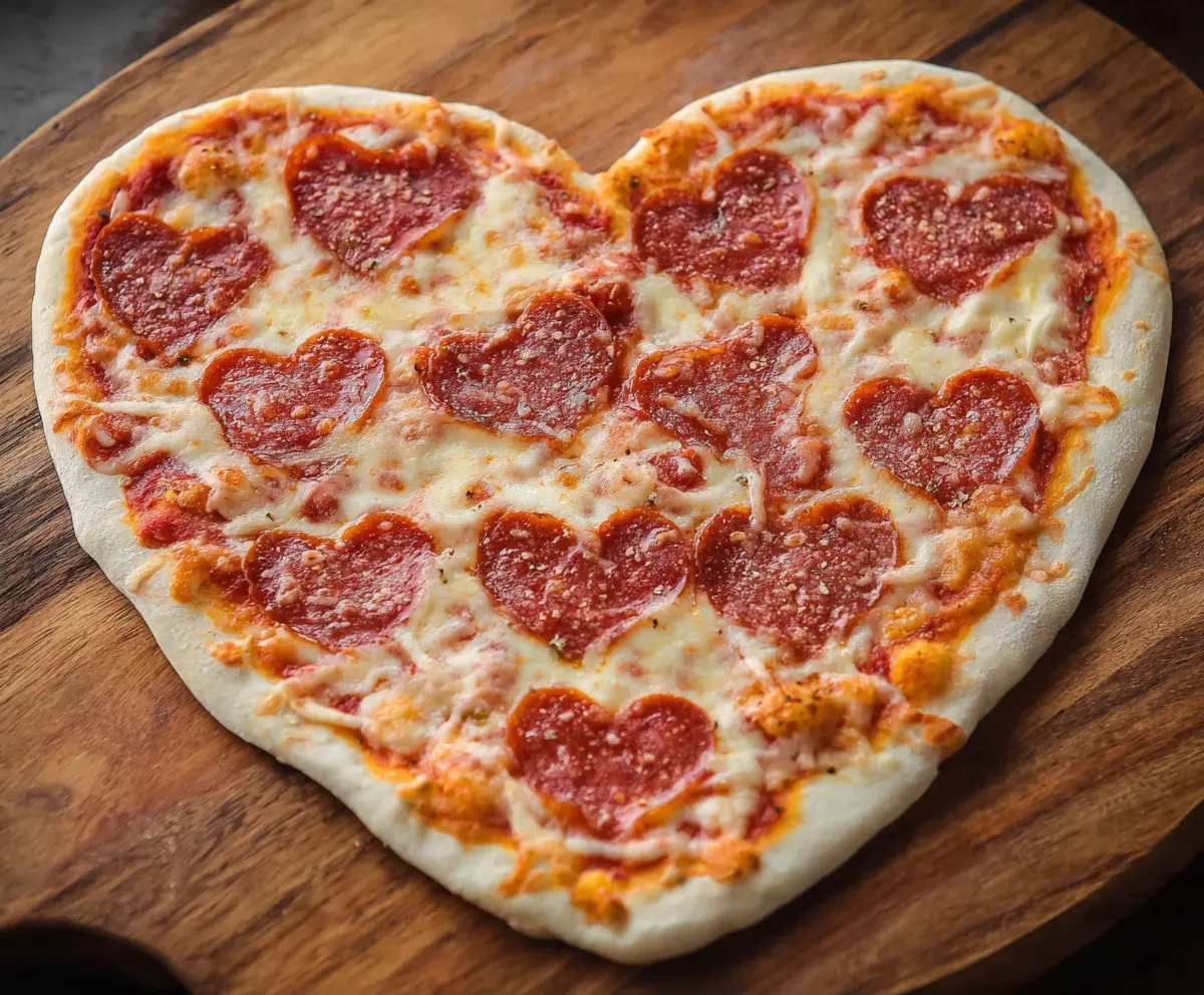 Delicious heart-shaped pizza topped with melted cheese and fresh toppings, perfect for a romantic dinner.