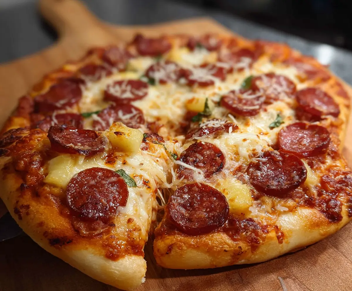Fresh homemade pizza dough rolled out on a wooden surface ready for baking.