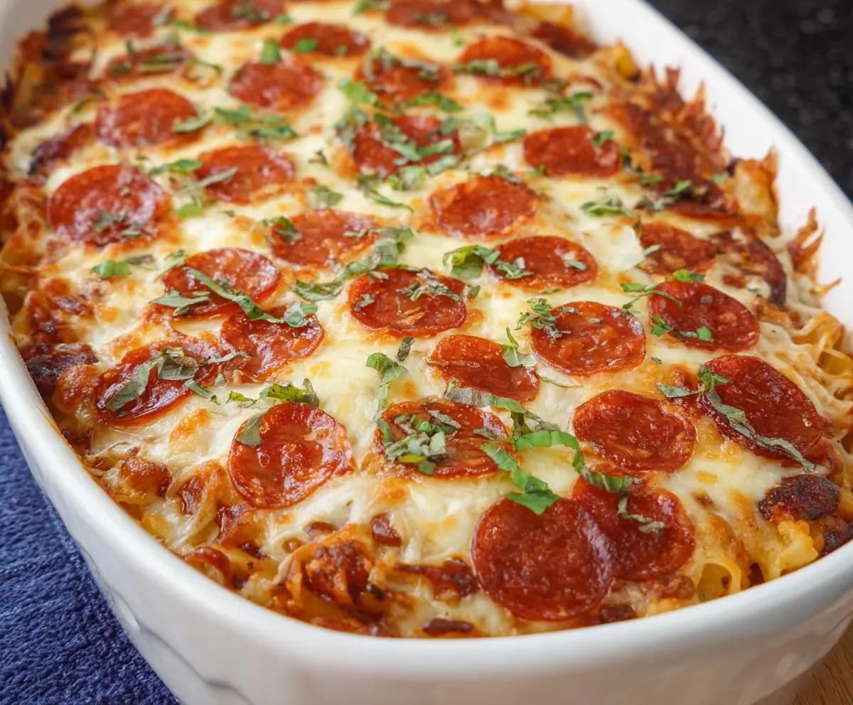 Delicious pepperoni pizza casserole with melted cheese and crispy crust, perfect for a quick family dinner.