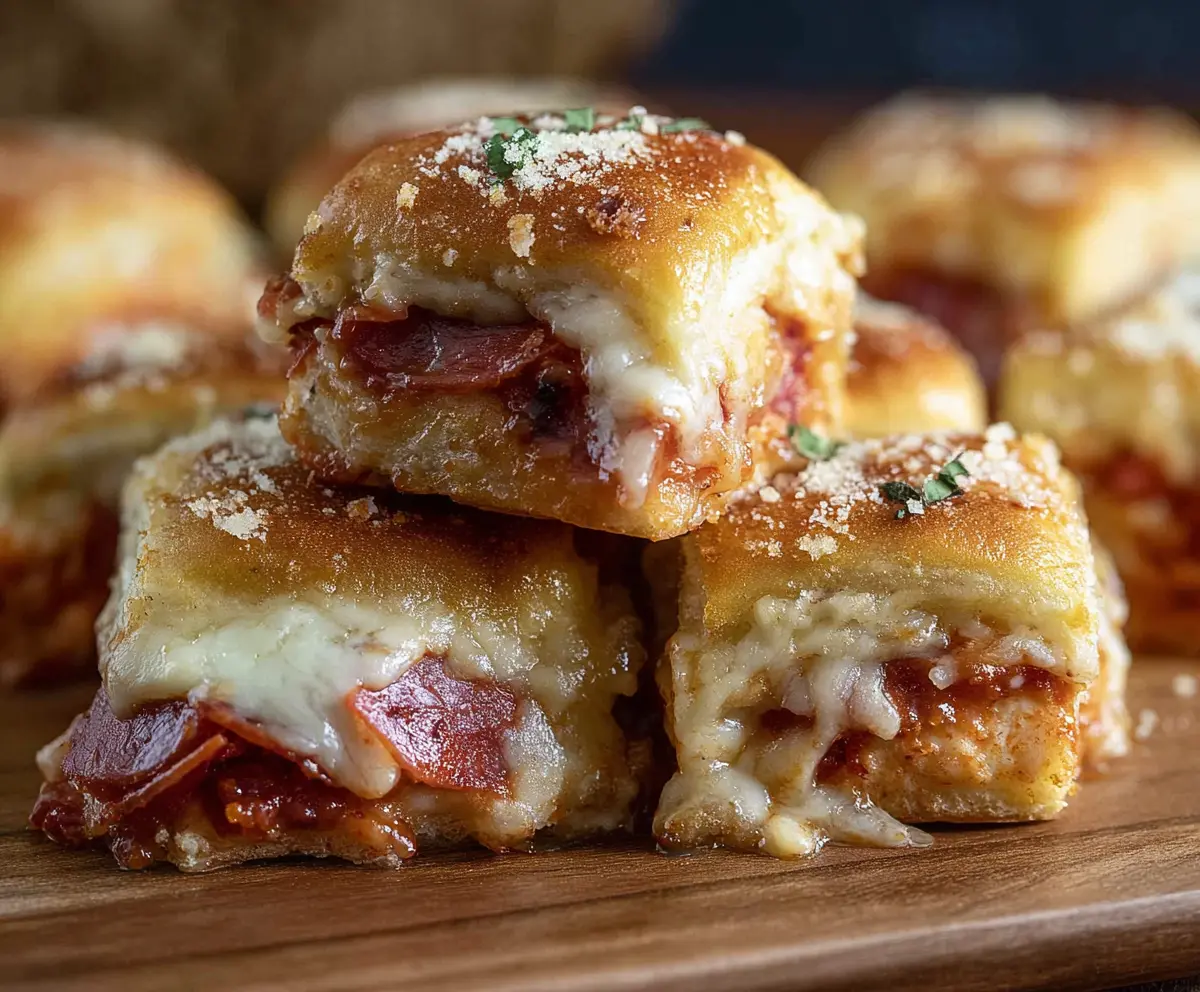 Delicious pizza sliders made with Hawaiian rolls, melted cheese, ham, and pineapple, perfect for quick snacks.