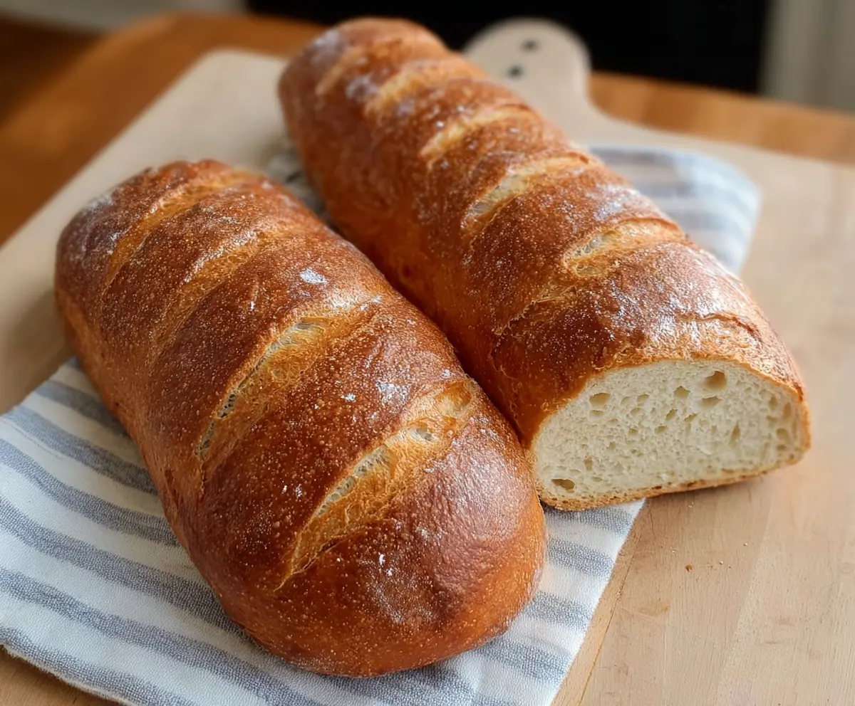 Homemade Quick Sourdough Discard French Bread on a wooden cutting board with a crispy crust and soft interior.